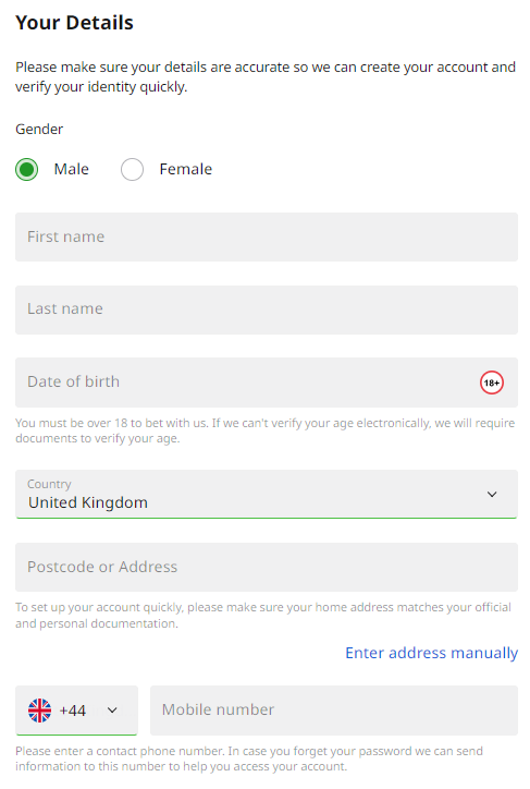 Betfair registration form