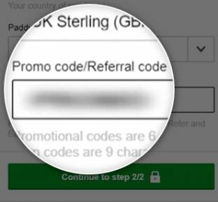 Location of the Paddy Power promo code box